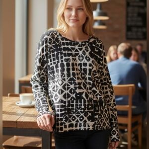 GARNET HILL | Boxy Fine Knit Batik Black Grey White Cotton Silk Sweater | L